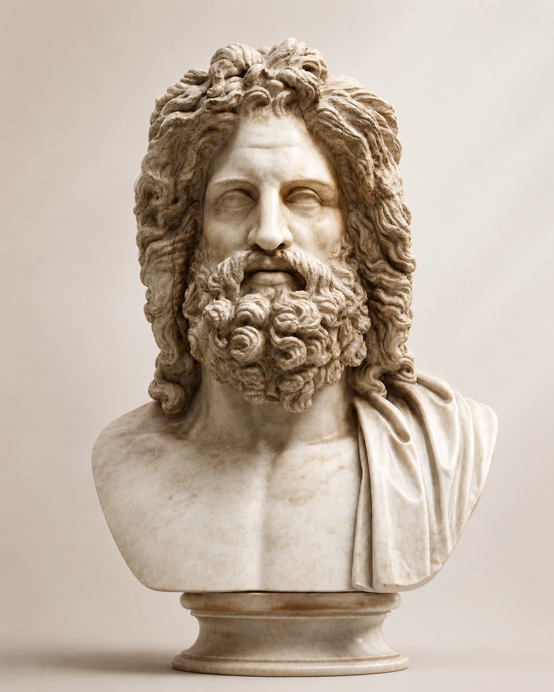 Aster, the OrbitWise astrologer: a marble bust of a bearded figure with long curling hair, a robe draped over one shoulder, on a round pedestal.