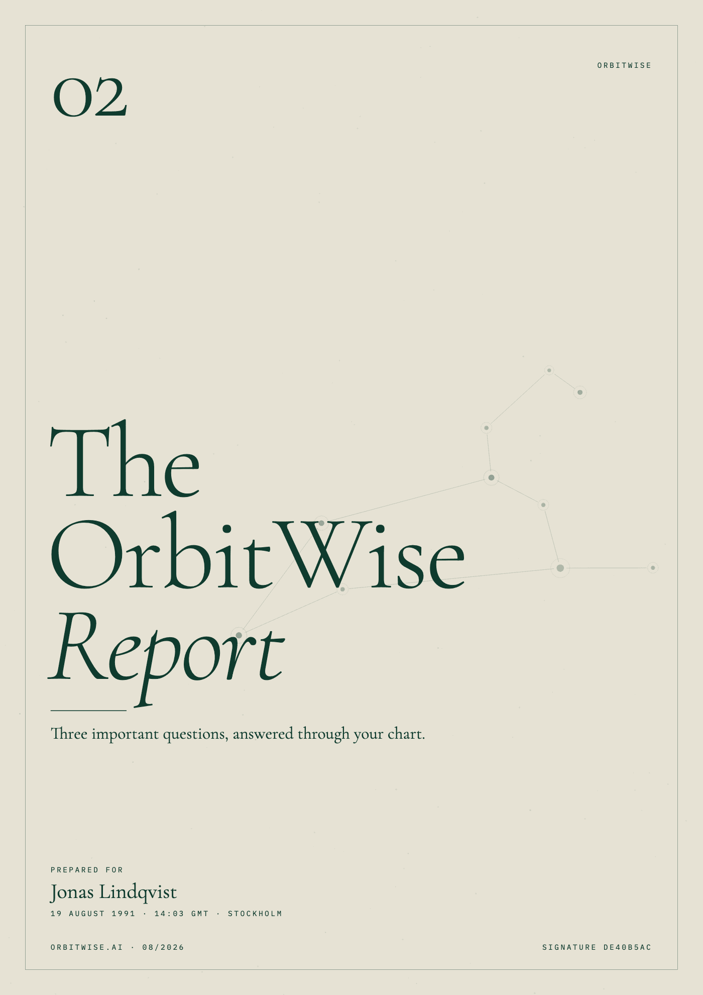 The OrbitWise Report: a bone cover, number 02, prepared for the sample reader Jonas Lindqvist, with the Leo constellation and the line “Three important questions, answered through your chart.”