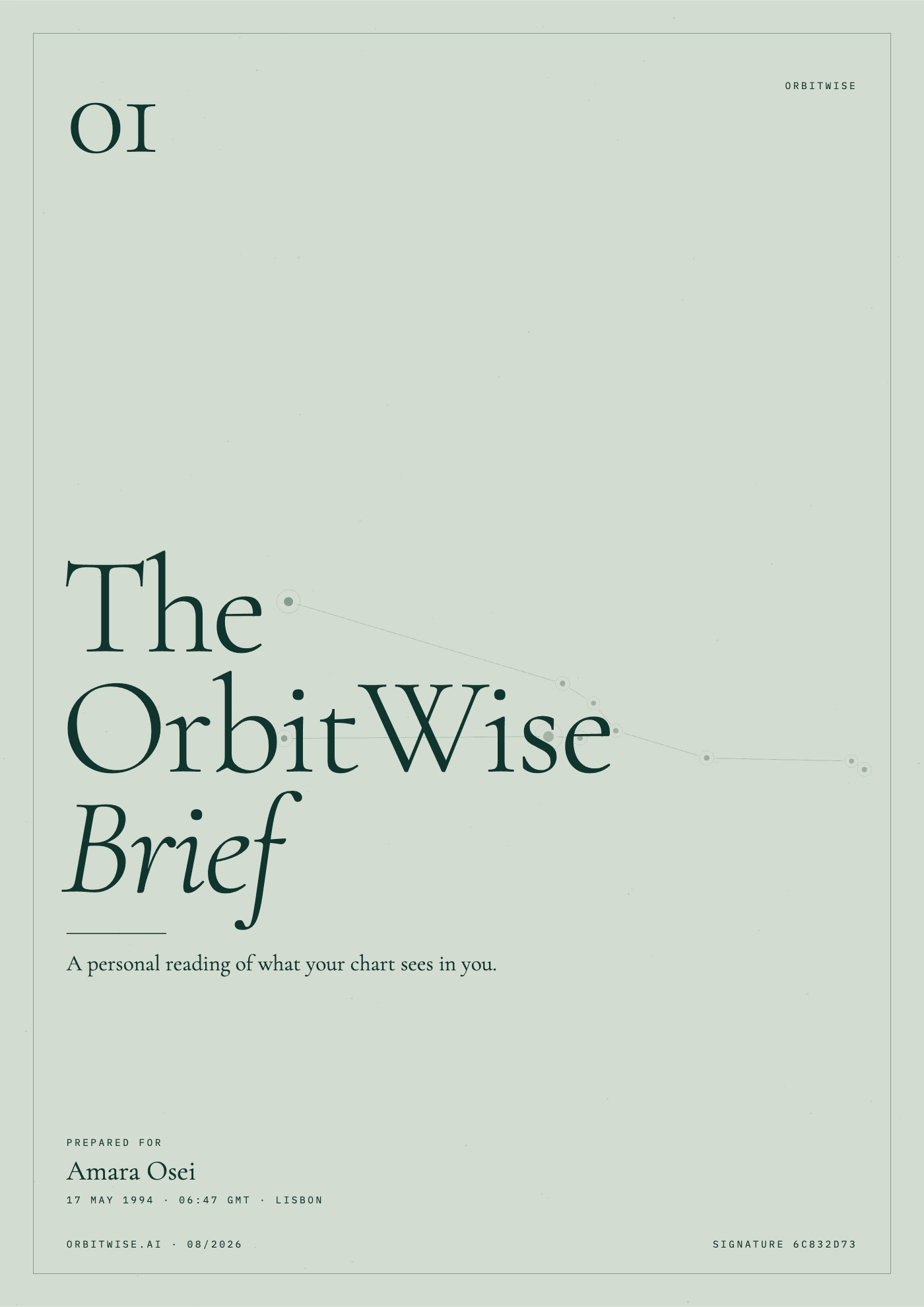 The OrbitWise Brief: a pale green cover, number 01, prepared for the sample reader Amara Osei, with the Taurus constellation and the line “A personal reading of what your chart sees in you.”