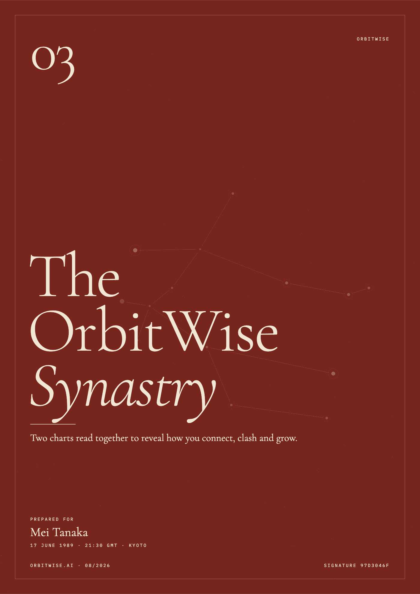 OrbitWise Synastry: an oxblood cover, number 03, prepared for the sample reader Mei Tanaka, with the Gemini constellation and the line “Two charts read together to reveal how you connect, clash and grow.”