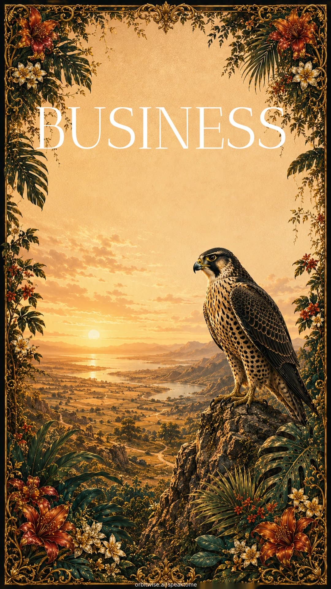 The BUSINESS card from Drop 01: a falcon over a golden sunrise valley, framed in flowering vines.