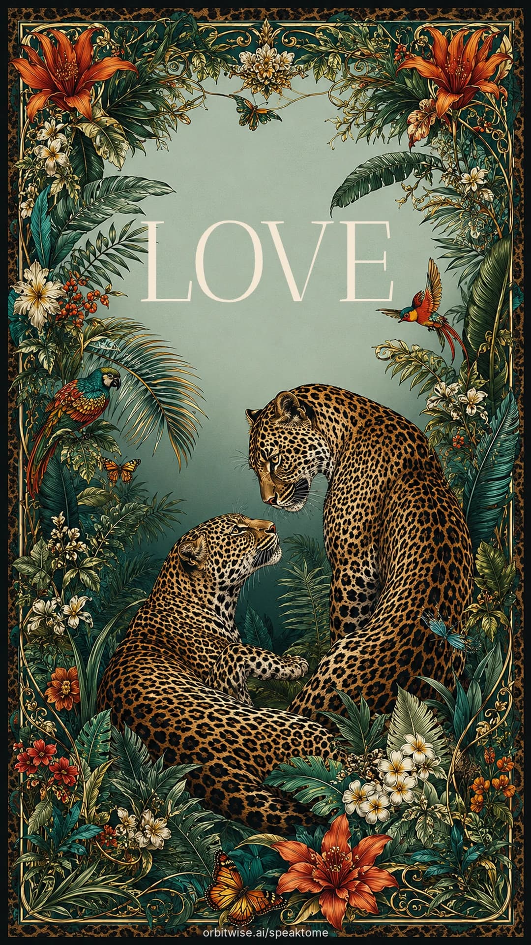 The LOVE card from Drop 01: two leopards in a dense flowering border, painted like a vintage botanical plate.