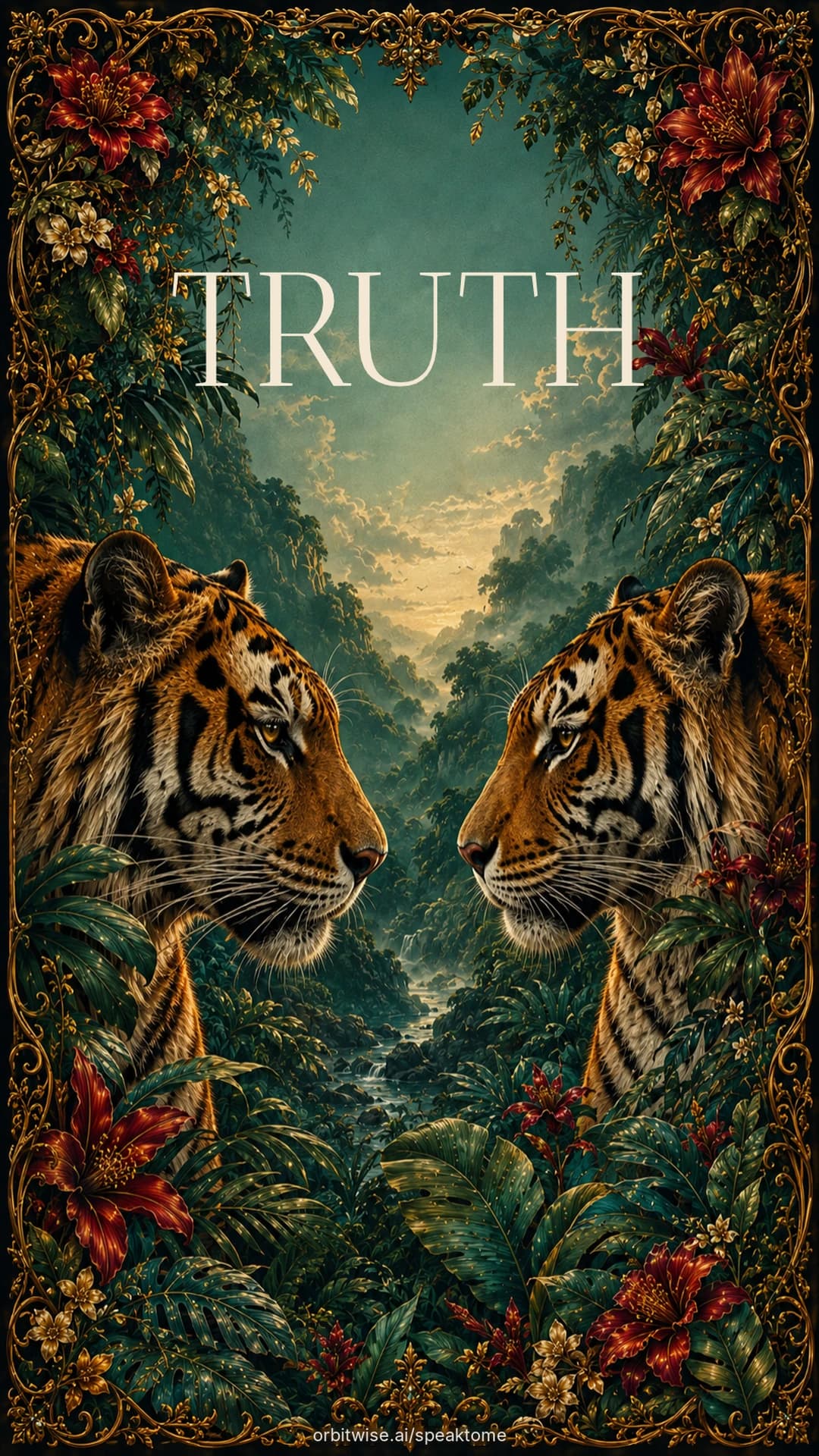 The TRUTH card from Drop 01: two tigers face to face across a jungle ravine, framed in flowers.